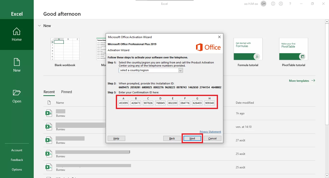 9 - Copy and past it in the Microsoft Office Activation Wizard Then, click "Next".